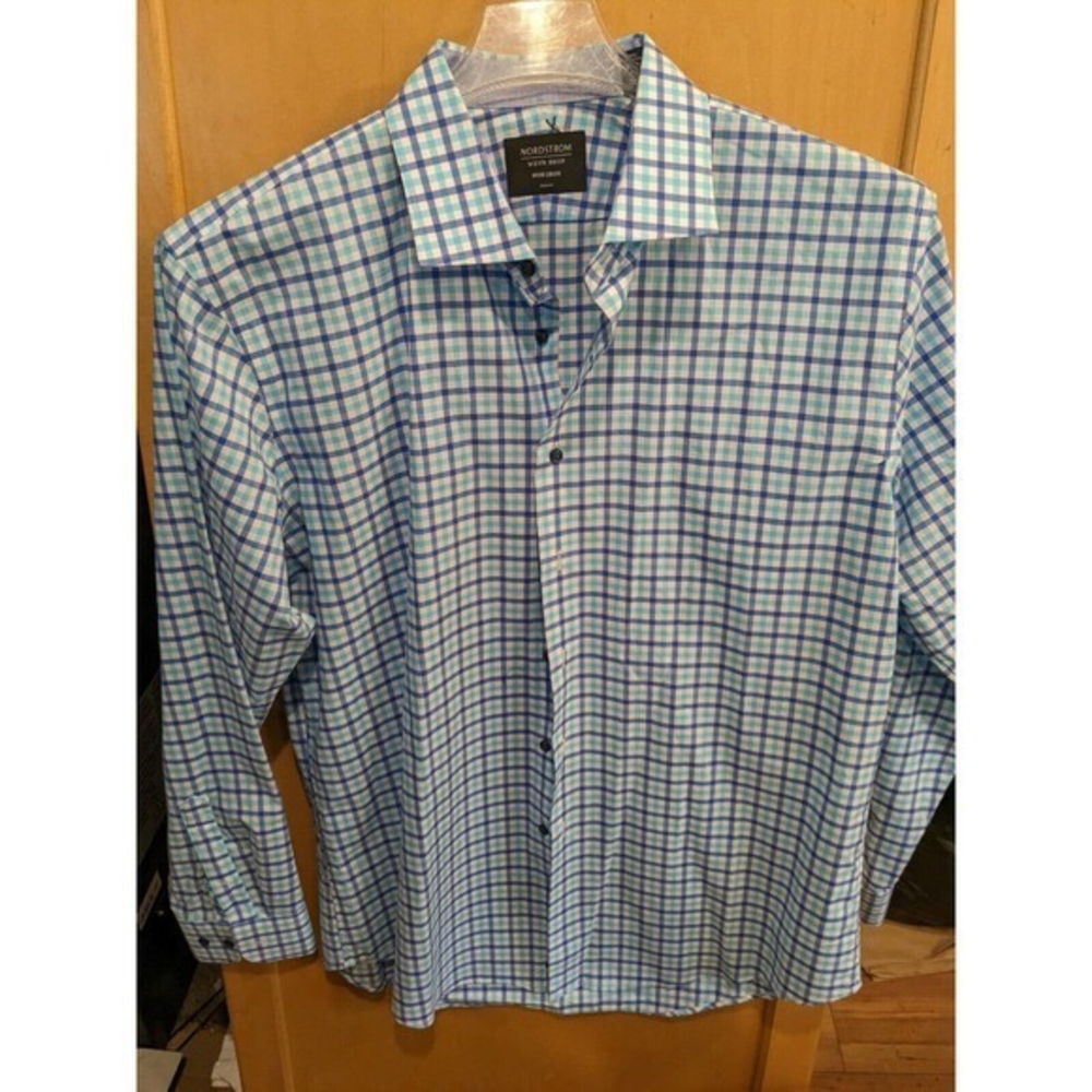 Nordstrom Button Down Shirt, Mens 17 Pink, plaid long sleeve‎ non iron TRIM FIT
